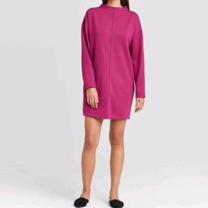 Prologue Fuchsia Pink Scuba Mock Neck Long Sleeve Mini Dress with Pockets Sz SM